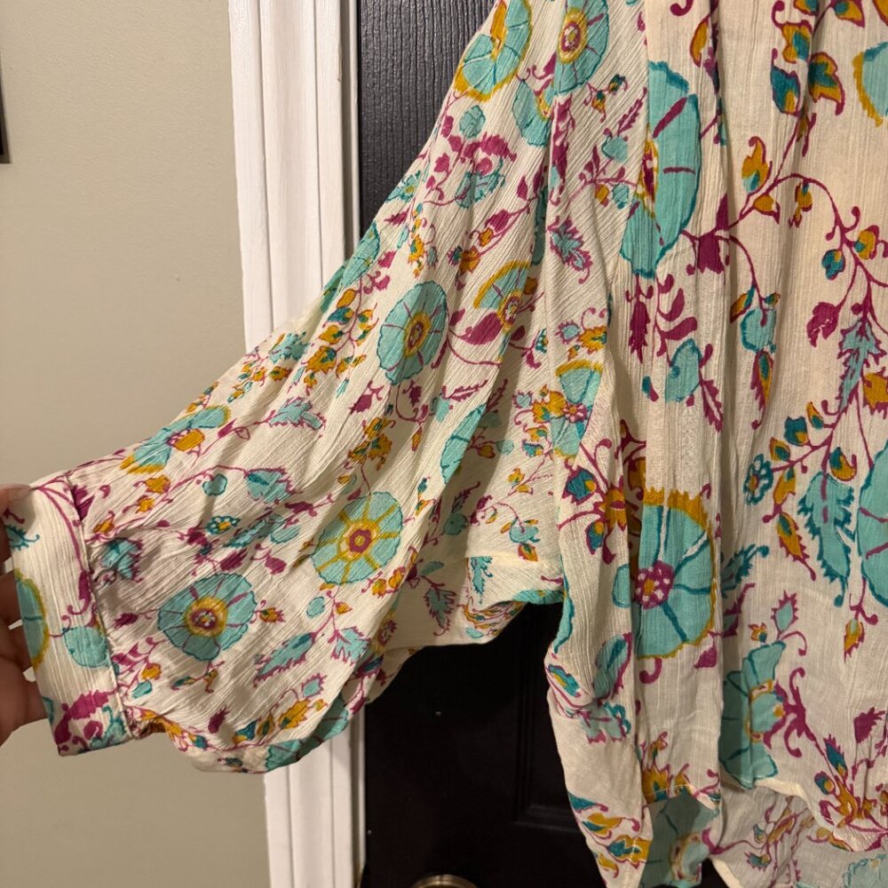 Womens Oversized Floral Pattern Blouse Teal Orange Cream Balloon Sleeves Small - Picture 3 of 5